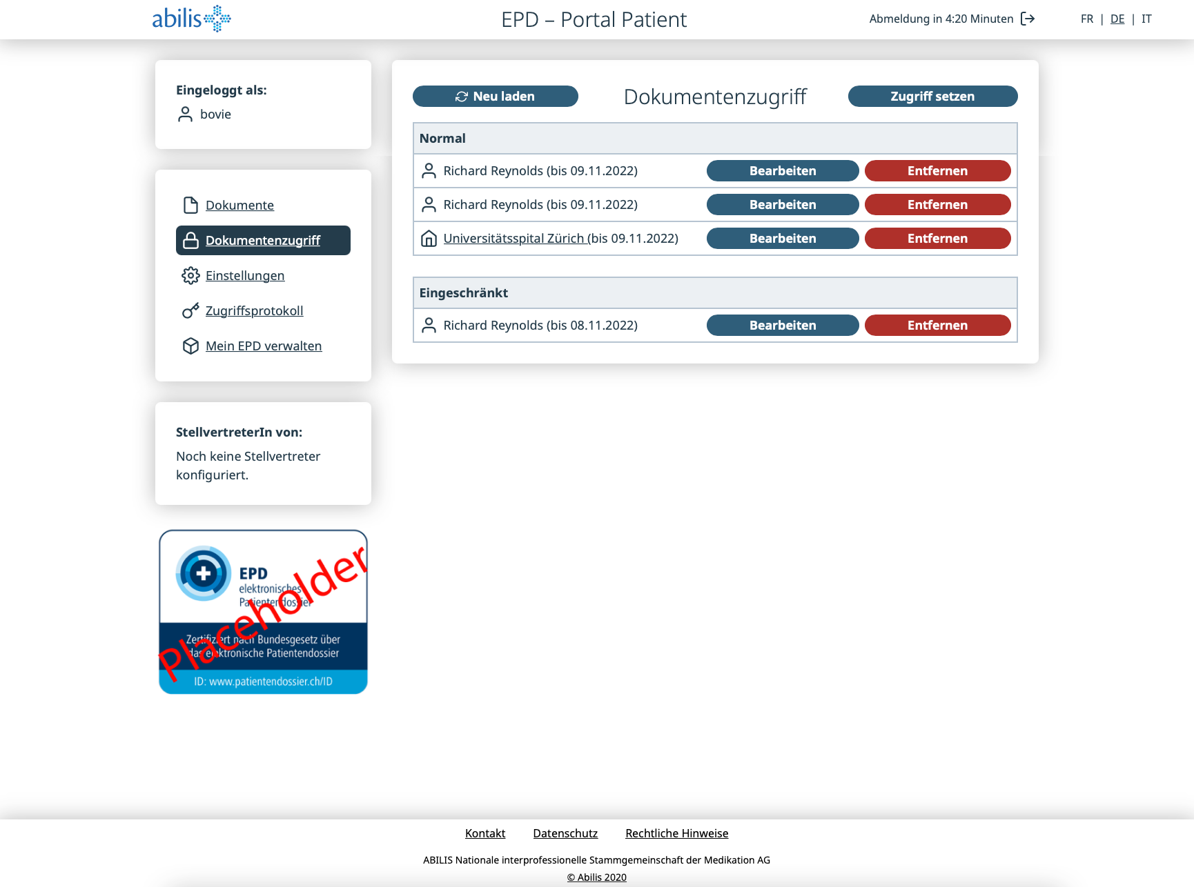 EPD-Patientenportal – Dokumentenzugriff: welche Fachpersonen und Einrichtungen das Dossier lesen dürfen, auf welcher Vertraulichkeitsstufe und bis wann