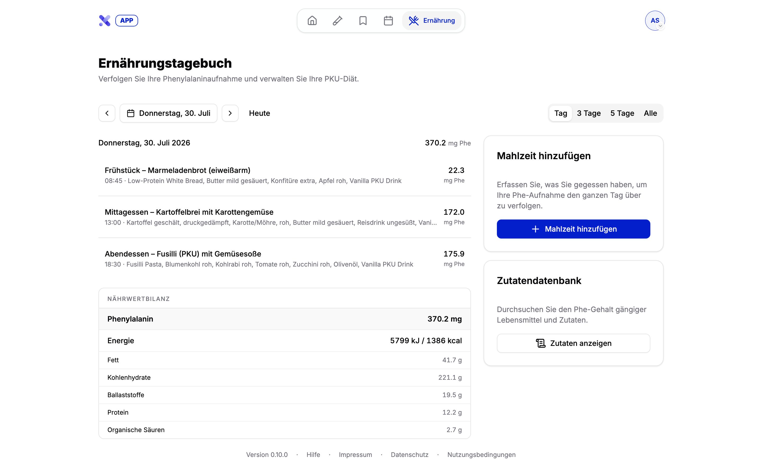 phenyx-Ernährungstagebuch – die Mahlzeiten eines Tages mit ihrem Phenylalaningehalt und der Nährwertbilanz