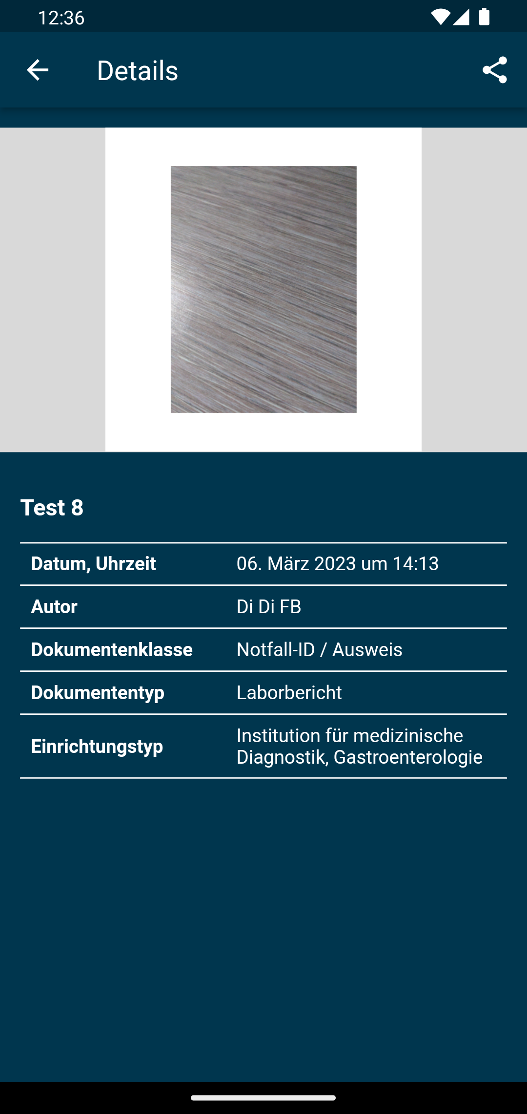 EPD-App – Dokumentdetails mit Vorschau, Datum, Autor, Dokumentenklasse, Dokumententyp und Einrichtungstyp
