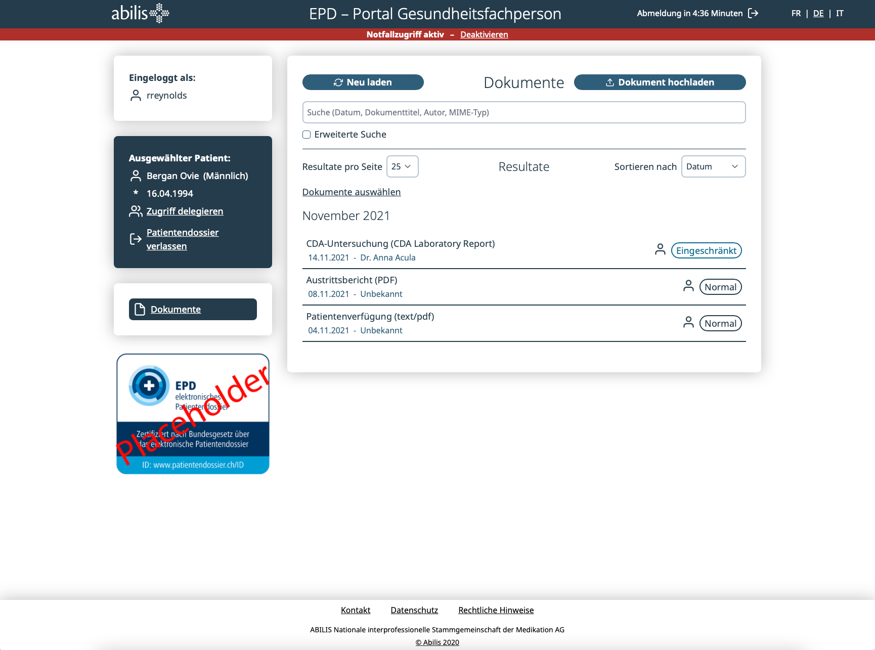 EPD-Portal für Gesundheitsfachpersonen – Dokumente eines Patienten bei aktivem Notfallzugriff, als roter Banner angezeigt