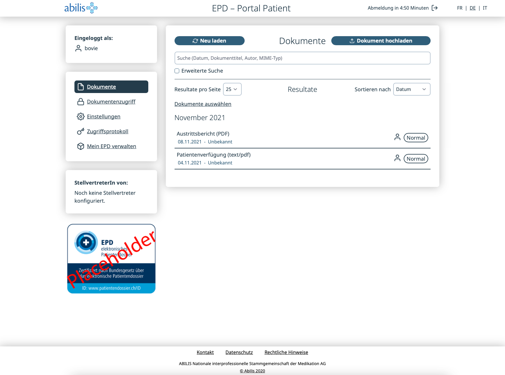 EPD-Patientenportal (abilis) – Dokumentenliste mit Austrittsbericht und Patientenverfügung, jeweils mit Vertraulichkeitsstufe