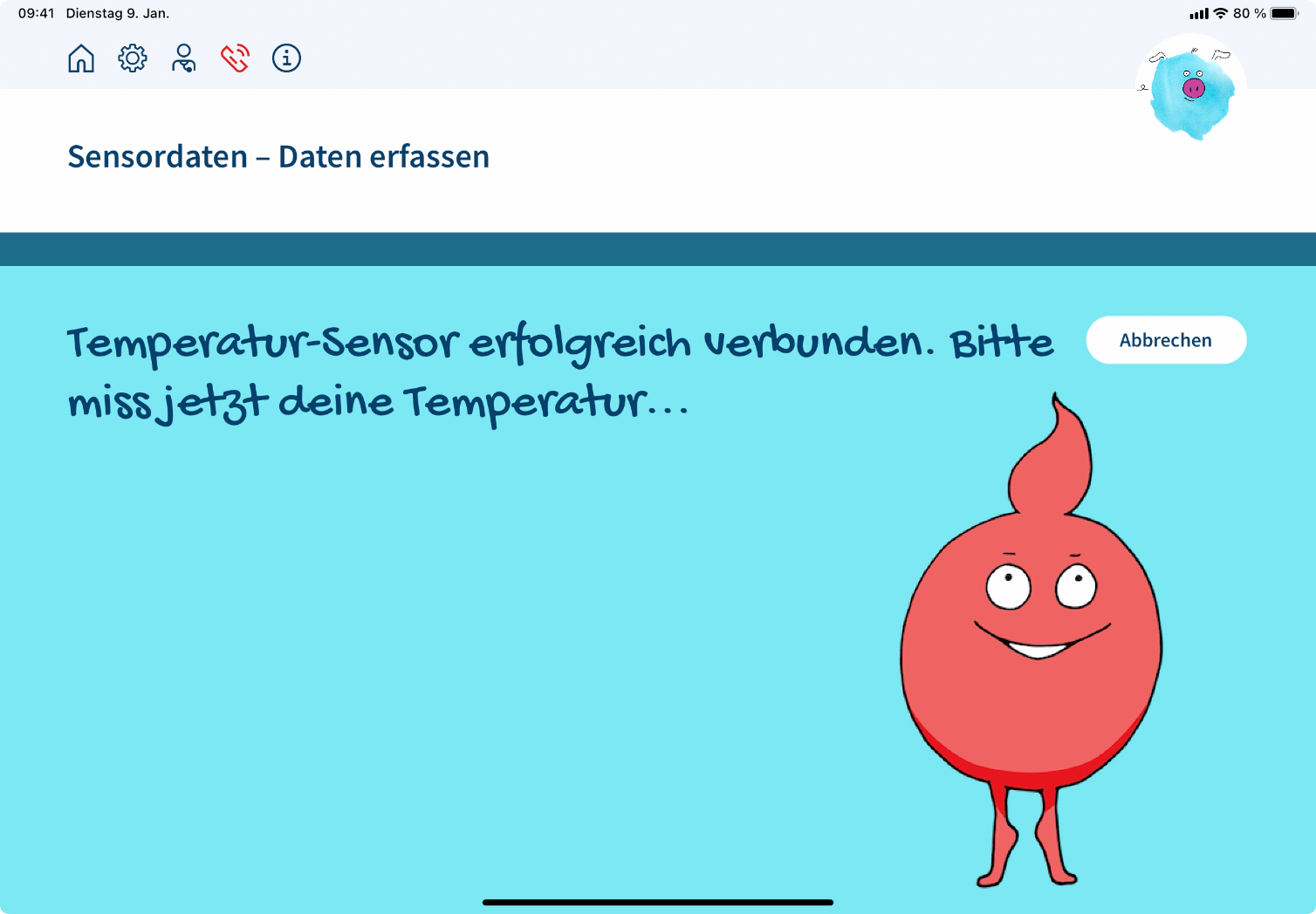 KULT-SH – Bluetooth-Thermometer verbunden, das Maskottchen bittet das Kind, die Temperatur zu messen