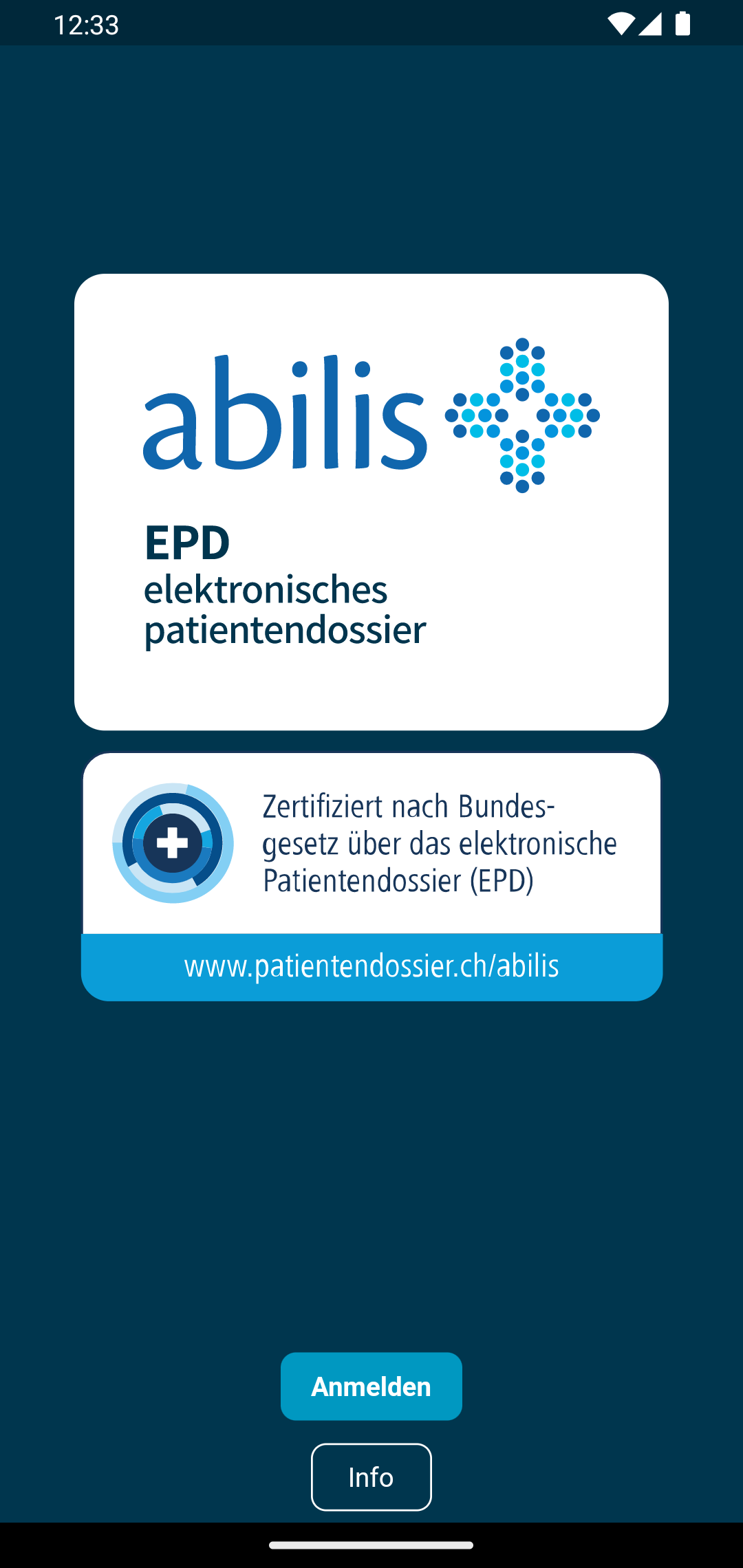EPD-App (abilis) – Startbildschirm mit EPD-Zertifizierungssiegel und Anmelden-Schaltfläche