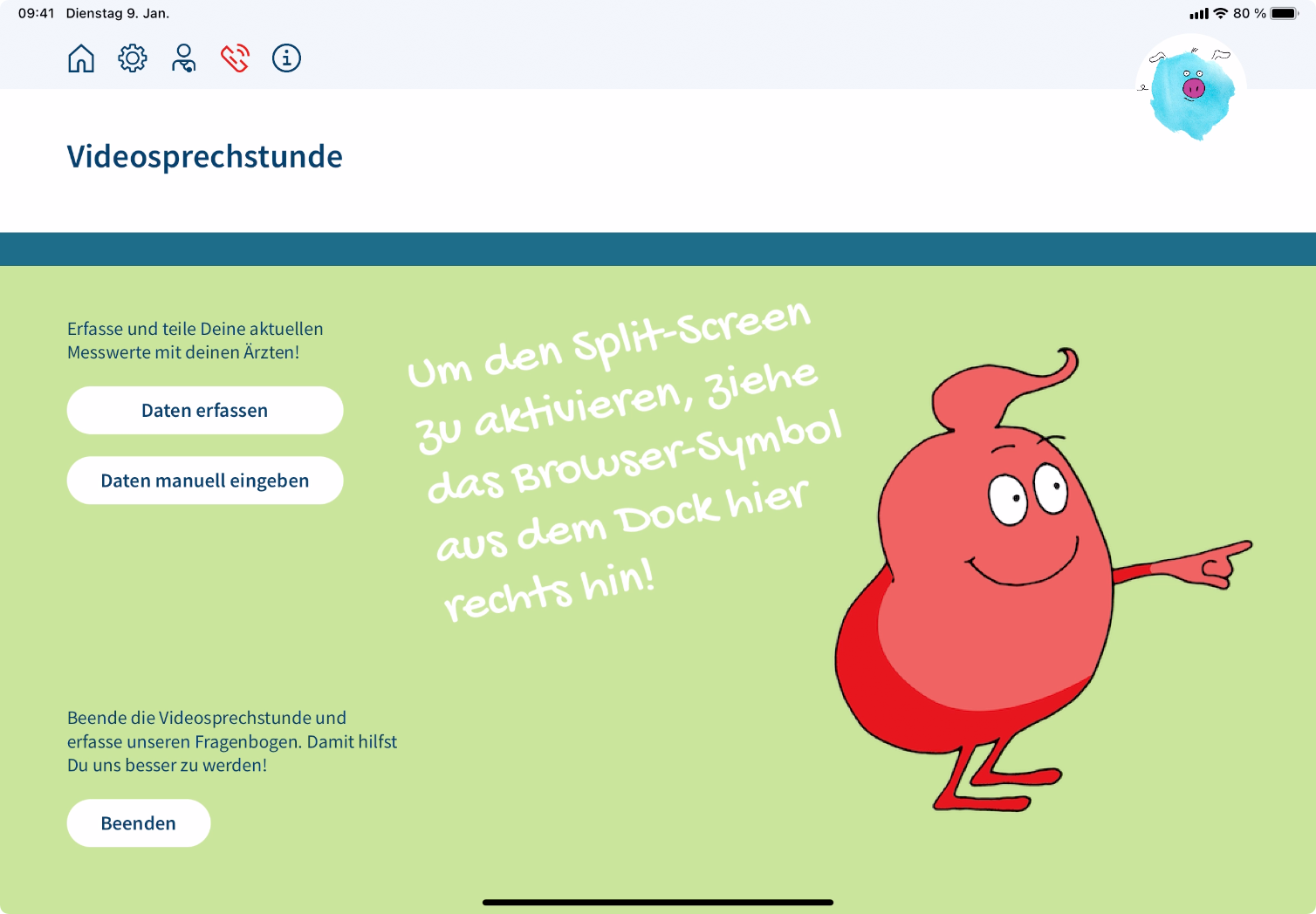 KULT-SH – Videosprechstunde mit Schaltflächen, um Messwerte vor dem Gespräch zu erfassen oder einzugeben